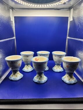Vintage Ceramic Egg Cup Floral & Checkered Pattern, Set Of 6